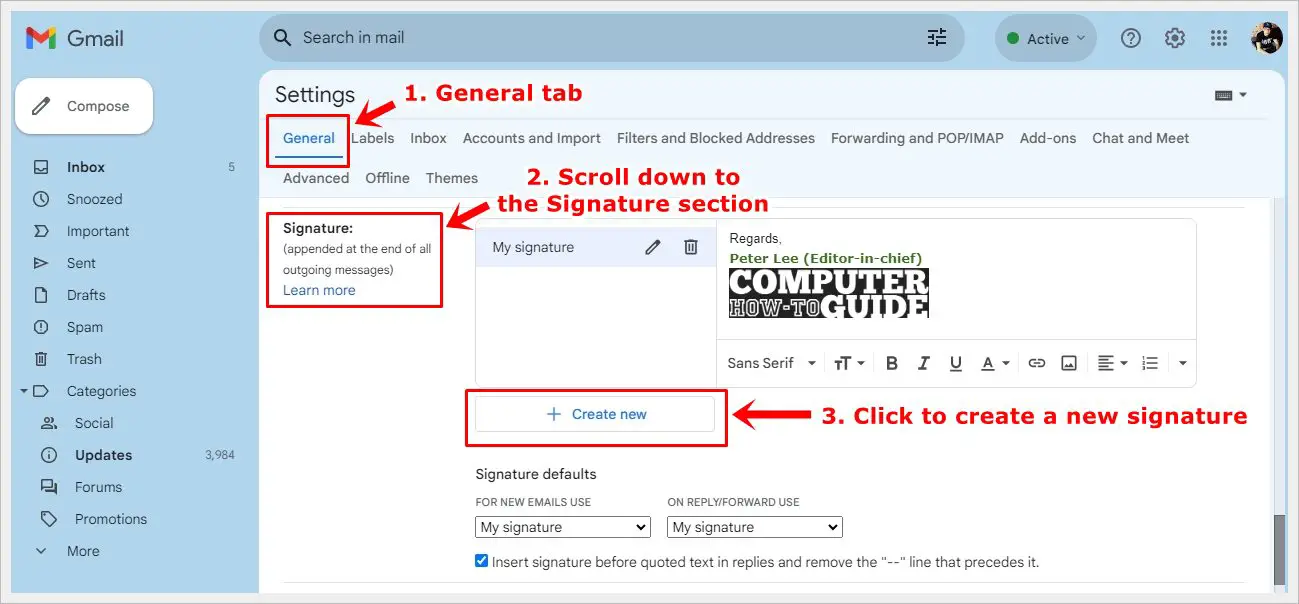 This image shows a Gmail's Settings page, with the 'General' tab, 'Signature' section and 'Create new' button highlighted.