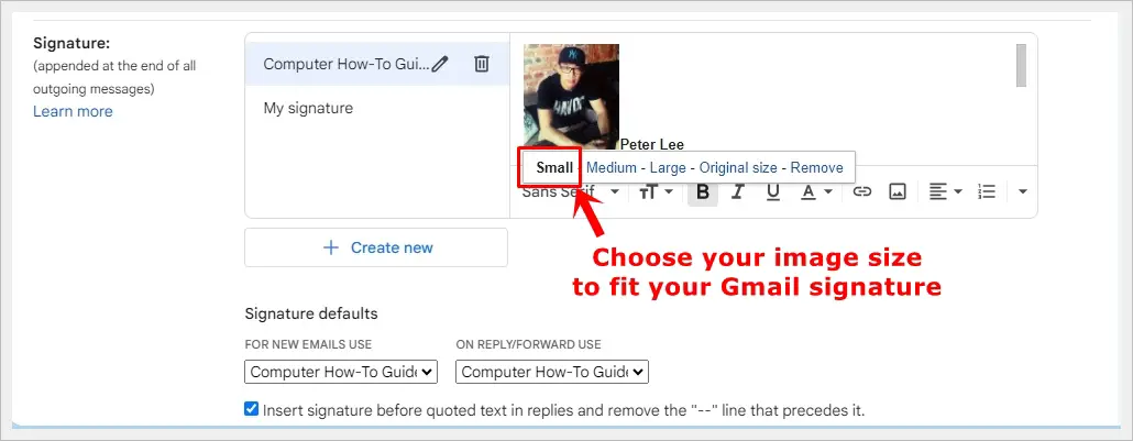 This image demonstrates selecting an image size (small, medium, large, or original) to fit your newly crafted Gmail signature. It specifically highlights the choice of 'Small' size in this example.