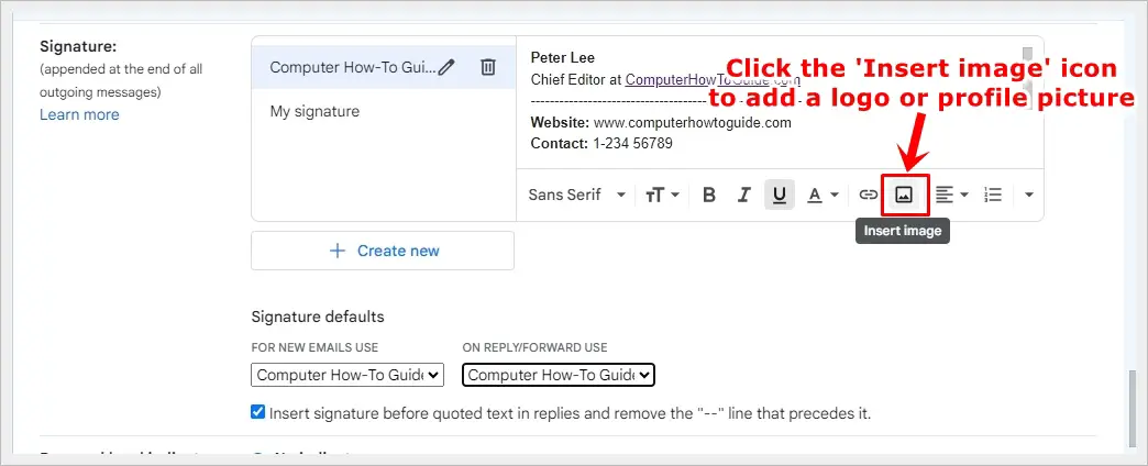 This image illustrates the process of adding a logo or profile picture to a newly crafted Gmail signature. The 'Insert image' icon is highlighted to guide you through this step.