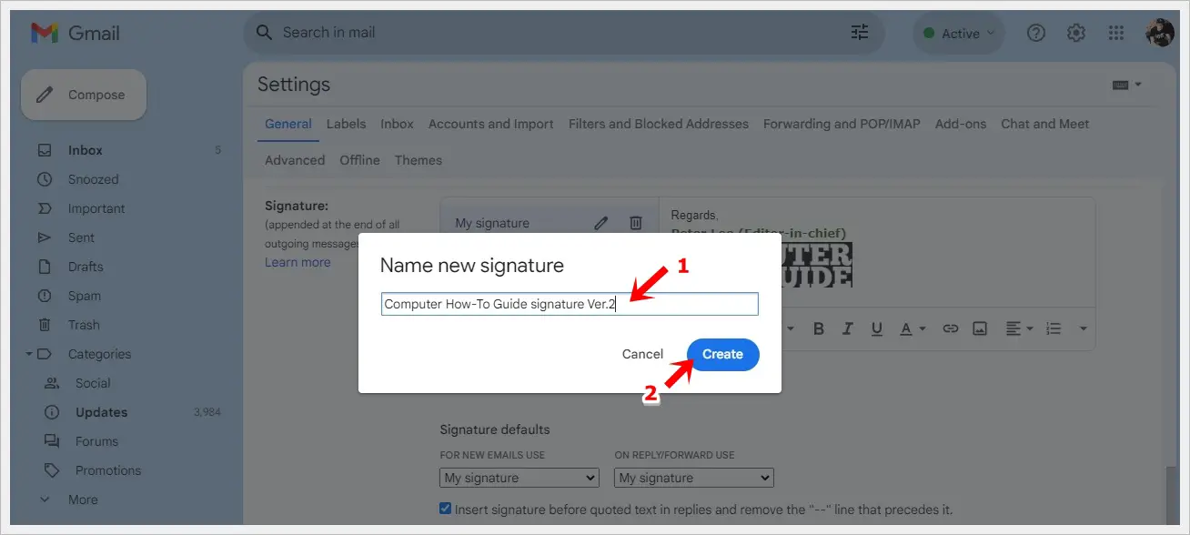This image displays the 'Name new signature' pop-up alert within Gmail's Settings page, featuring a newly entered name with the 'Create' button highlighted.
