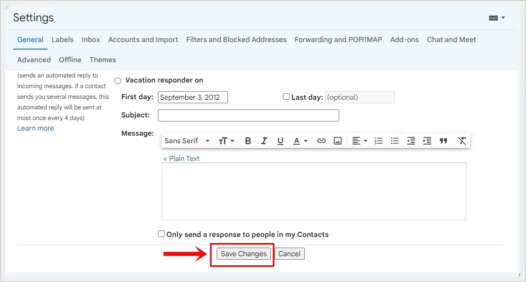 This image displays the Gmail Settings page with the highlighted 'Save Changes' button at the bottom.