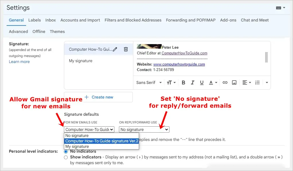 This image showcases Gmail's Settings page, illustrating how to instruct Gmail to automatically insert a signature in newly composed emails, with 'No signature' set as the default for reply/forward emails.