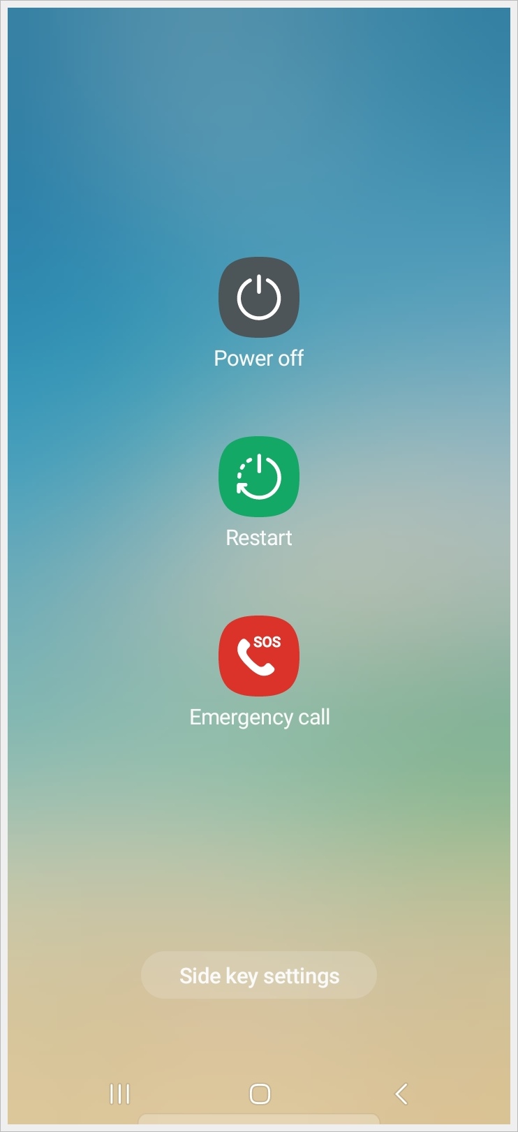 This image displays a screenshot of a Samsung phone, showcasing the 'Power off,' 'Restart,' and 'Emergency call' buttons.