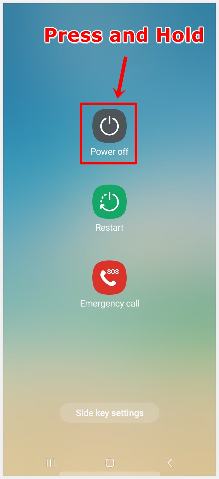 This image displays a screenshot of a Samsung phone, showcasing the 'Power off,' 'Restart,' and 'Emergency call' buttons. The 'Power off' button is highlighted indicating to press and hold it.