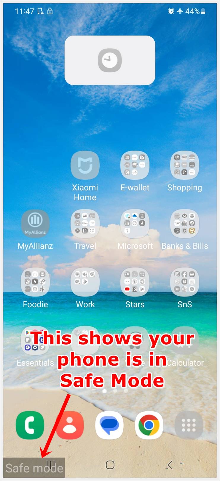 How to Enable or Disable Safe Mode on Your Android Phone: This image shows a screenshot of a Samsung phone in safe mode. The word 'Safe Mode' in the bottom-left is highlighted.