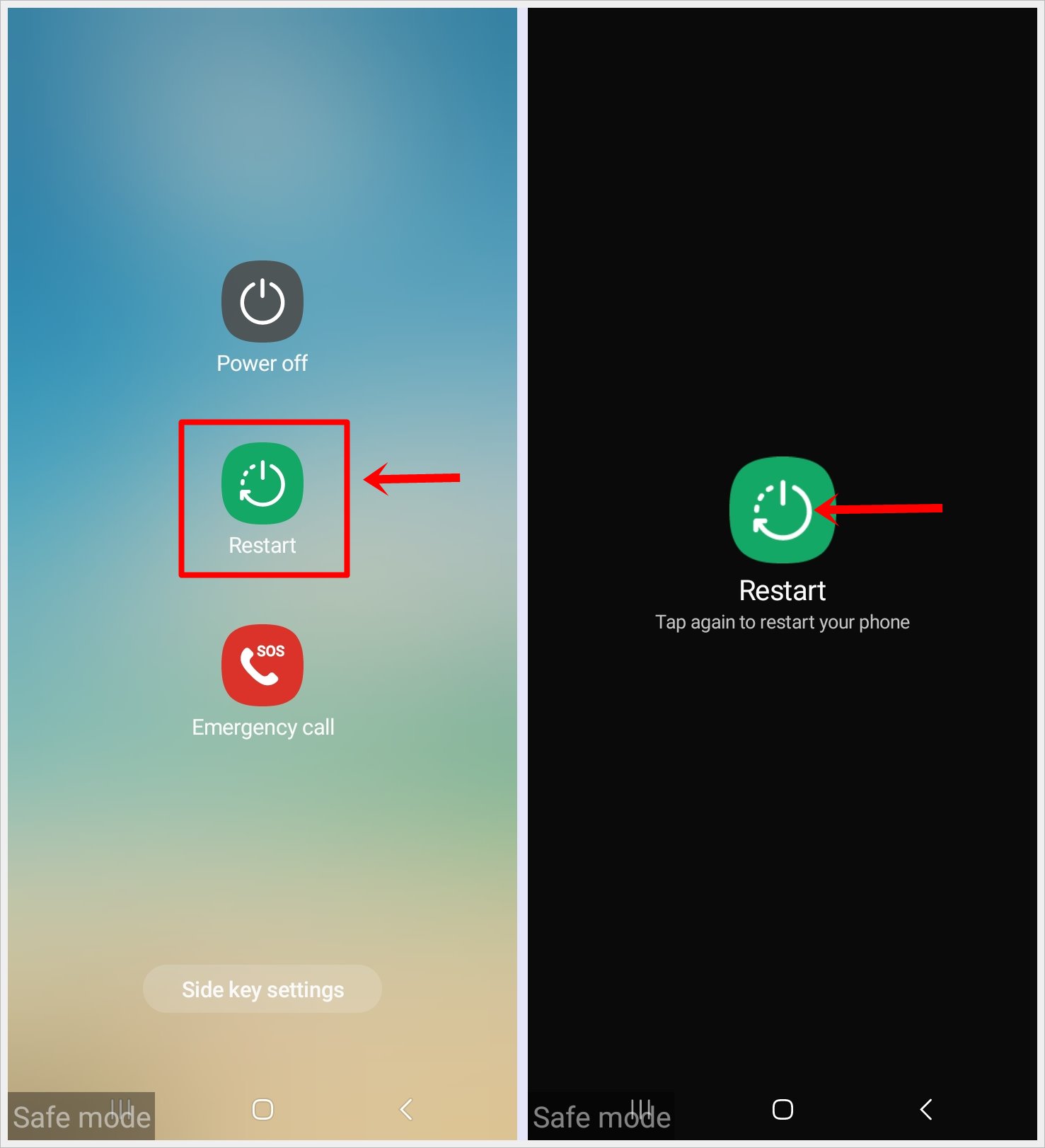 This image shows the steps to turn off Safe Mode on a Samsung Galaxy A32. It features the steps to tap on the 'Restart' button to restart the phone and exit safe mode.