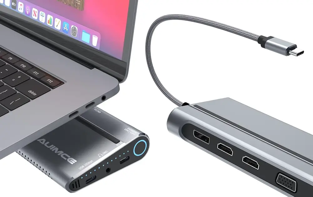 Understanding What a Laptop Docking Station Is: This photo shows a laptop placed on top of a laptop docking station that also operates as a laptop stand.