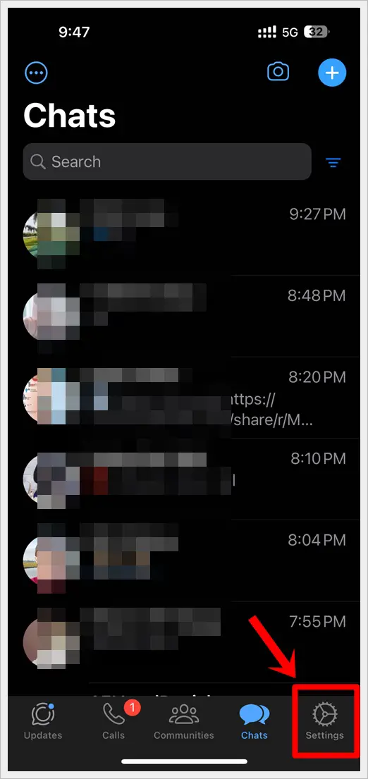 This image displays the WhatsApp app home screen on an iPhone, highlighting the Gear Icon in the bottom-right corner, representing 'Settings.