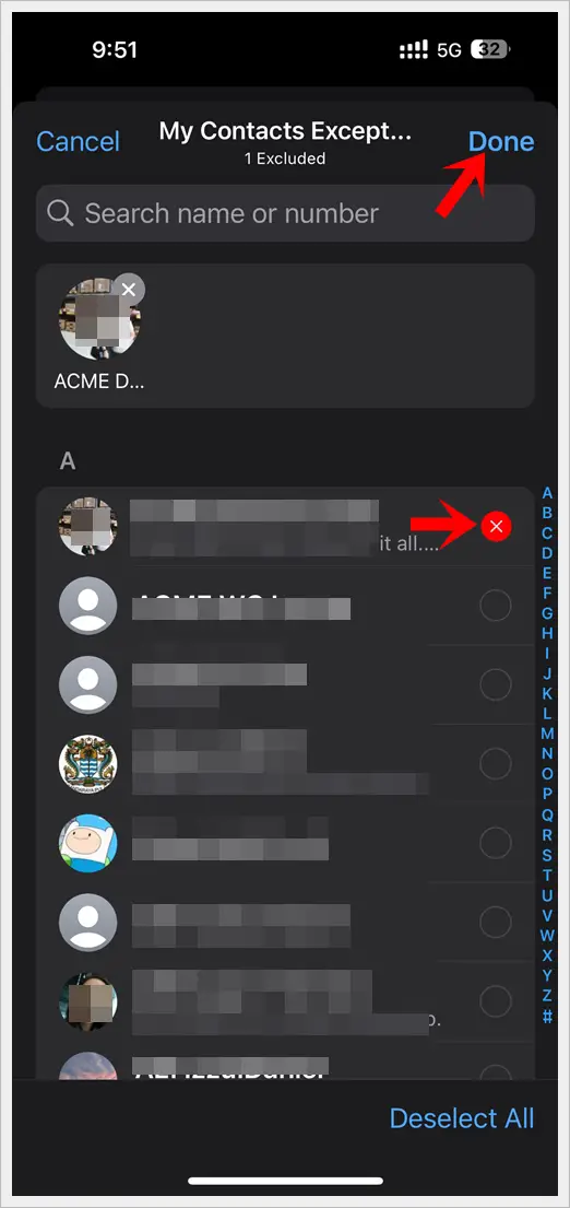 This image displays a screenshot of the WhatsApp's 'My contacts except...' page on an iPhone, with a selected contact's name chosen to be excluded from viewing the user's profile picture. The 'Done' button in the top-right is also highlighted.