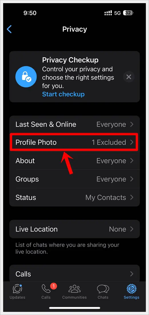 This image shows the WhatsApp's Privacy page on an iPhone, with the "Profile Photo" option highlighted.