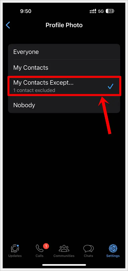 This image shows the WhatsApp's "Profile Photo" page on an iPhone, with the "My Contacts Except..." option highlighted.
