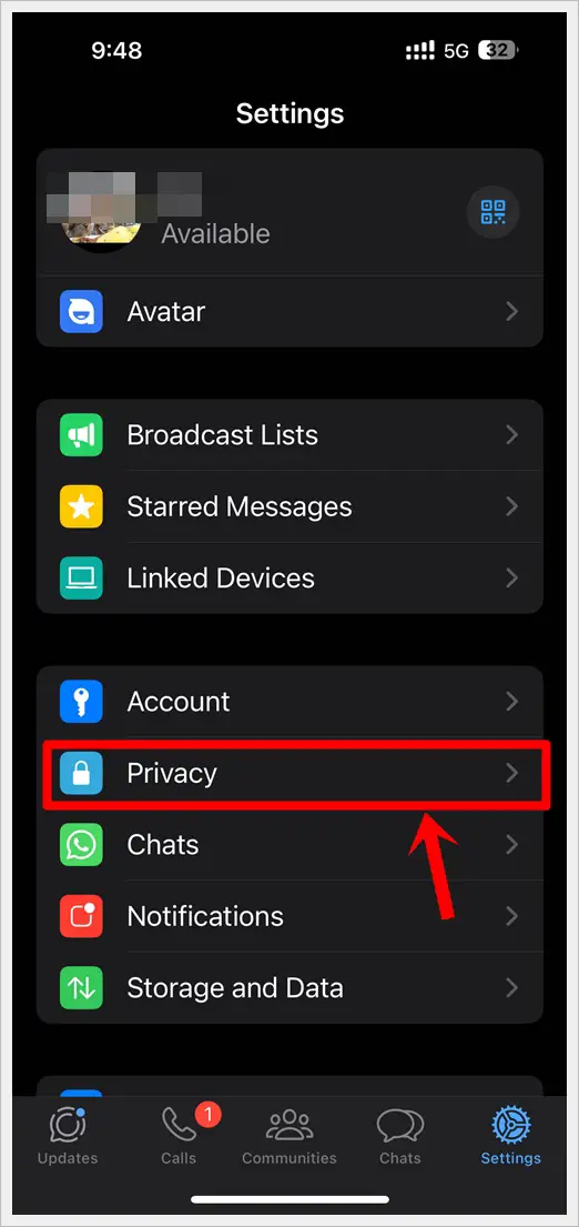 This image shows the "Settings" page of WhatsApp on an iPhone, with the "Privacy" option highlighted.