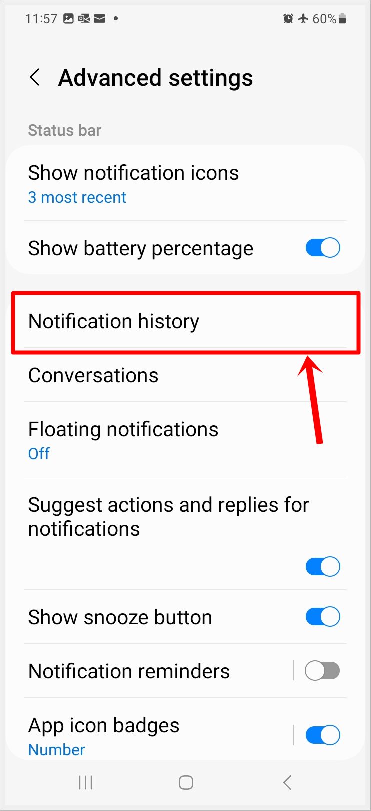 This image shows a screenshot of the 'Advanced settings' screen of an Android phone. The 'Notification history' option is highlighted.