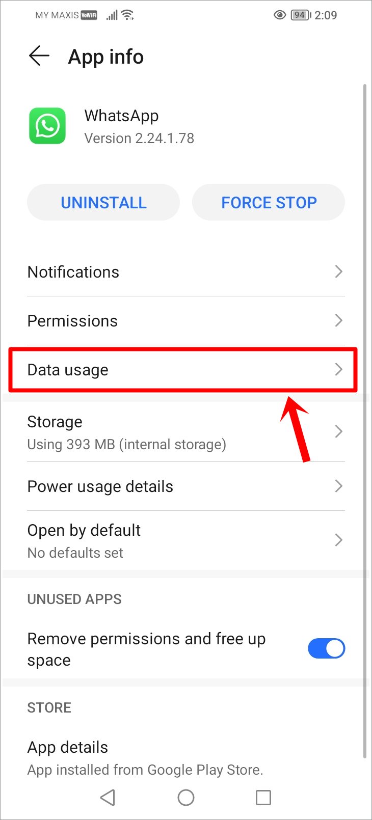This is a screenshot of the WhatsApp 'App Info' page on an Android phone. The 'Data Usage' option is highlighted.