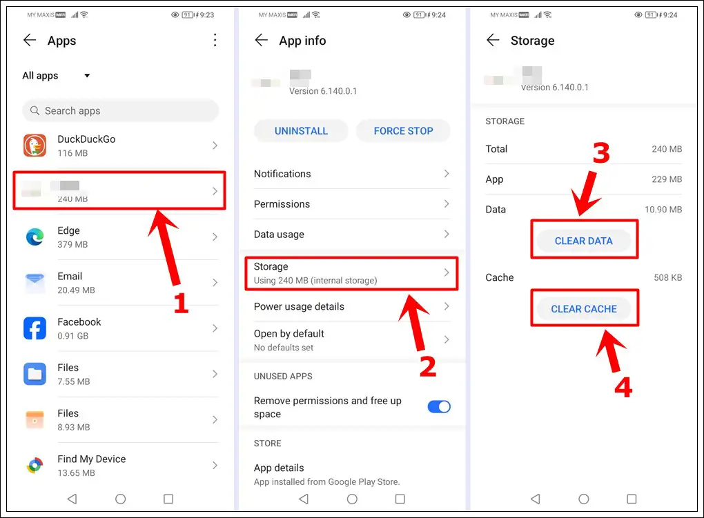 How to fix Android phones with ghost touch issues: This image shows steps to perform the 'Clear App Cache and Data' action on an Android phone. It shows the steps in selecting an app to the final step of clearing its cache and data.