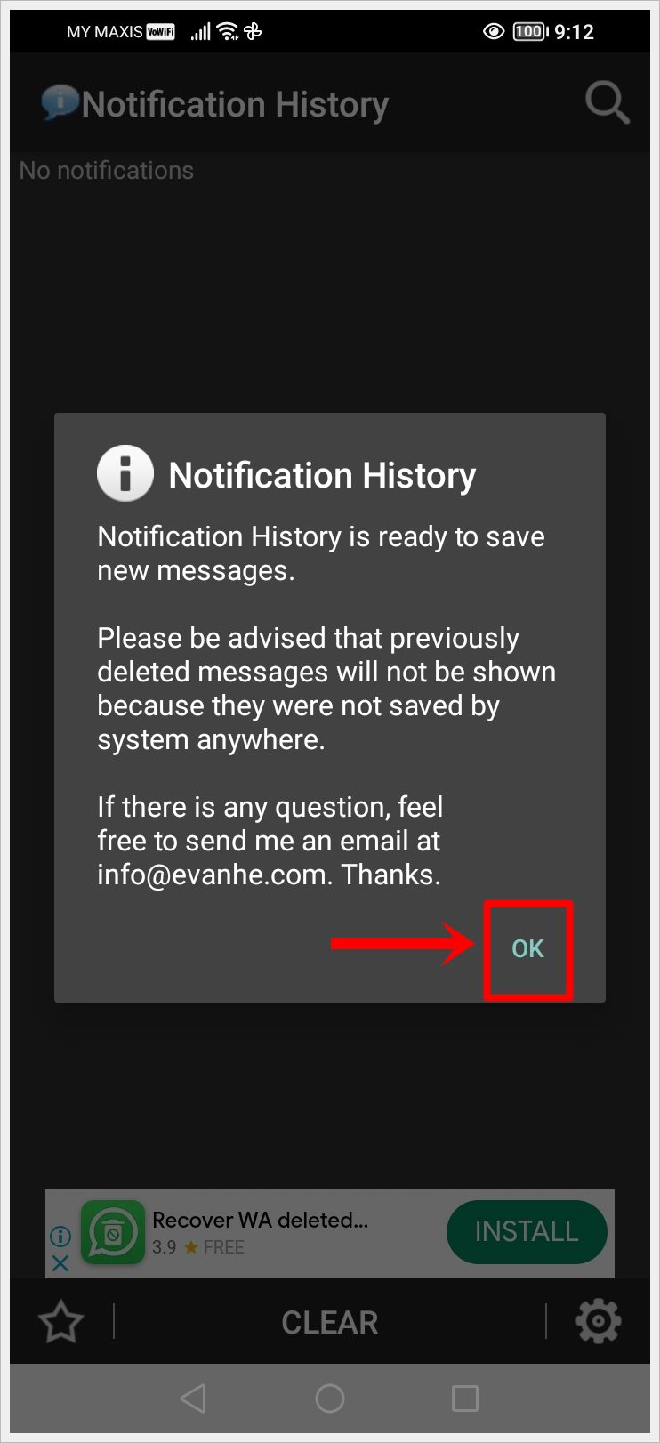 This image shows an alert pop-up to inform that the Notification History App setup has been completed on an Android phone. The 'OK' button is highlighted.
