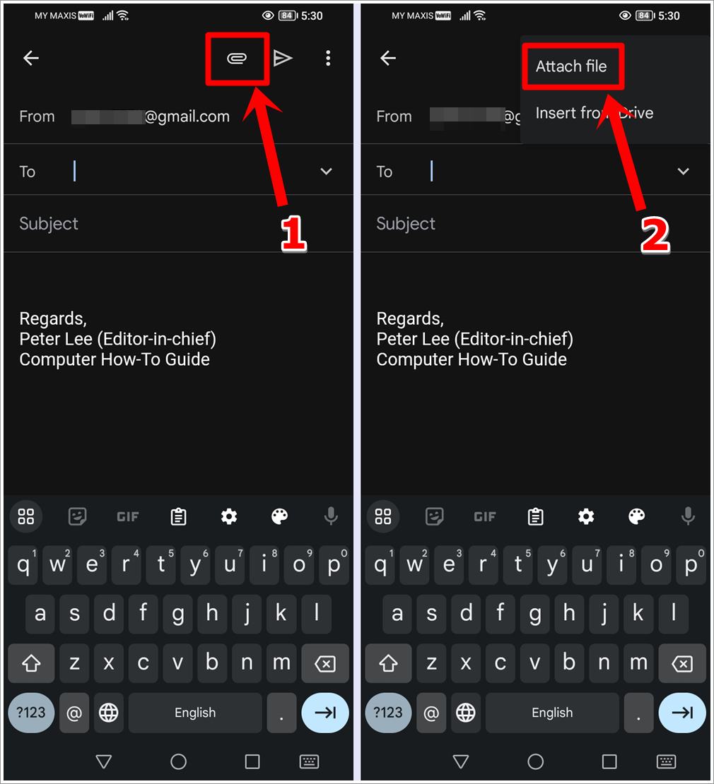 This image shows the screenshot of composing an email in Gmail on an Android phone. The Paperclip Icon and 'Attach File' option are highlighted.