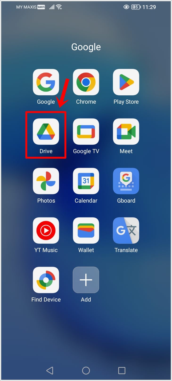 This screenshot shows an Android phone's screen, with the Google Drive app icon prominently highlighted.