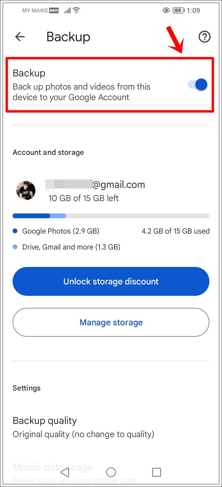 This image shows a screenshot of the Google Photos 'Backup' page on an Android phone. The 'Backup' option with its Toggle On/Off button is highlighted.