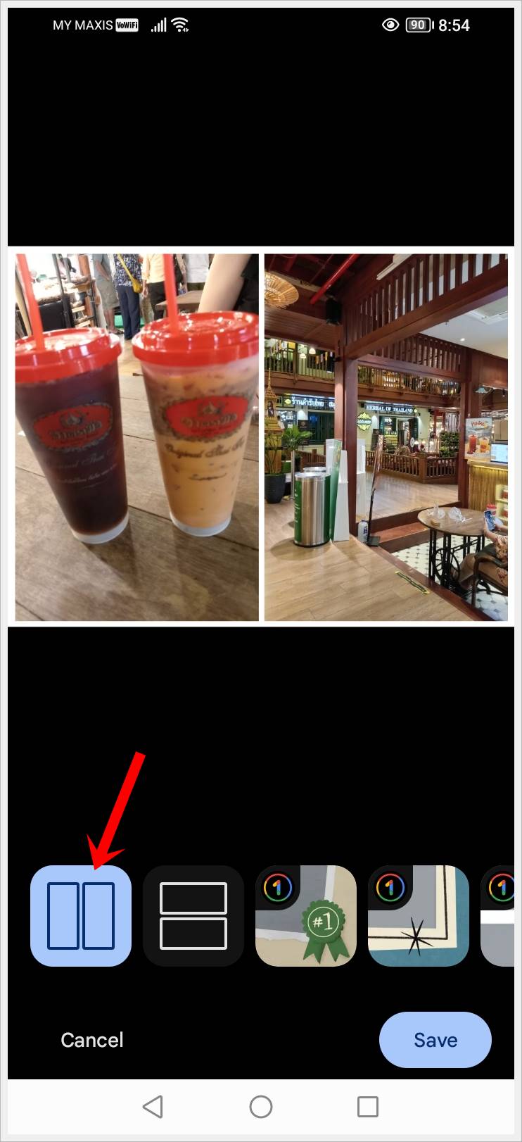 This image shows a screenshot of 2 different photos merged side-by-side by Google Photos on an Android phone. The 'Side-by-Side' layout option at the bottom has been highlighted.