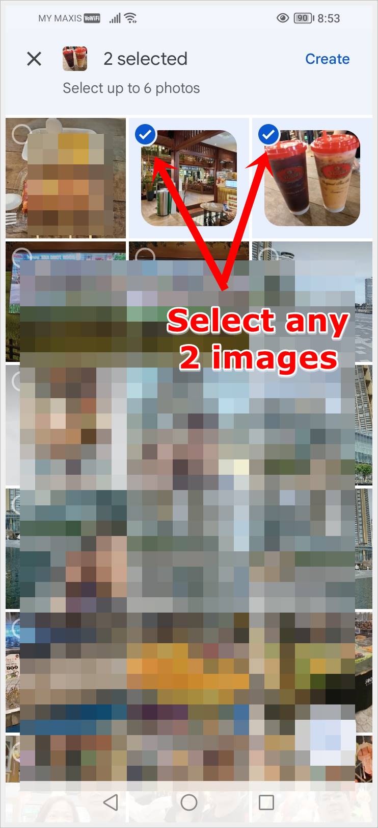 This image shows a screenshot of some of the photos saved in Google Photos. Two specific photos are selected to be merged.