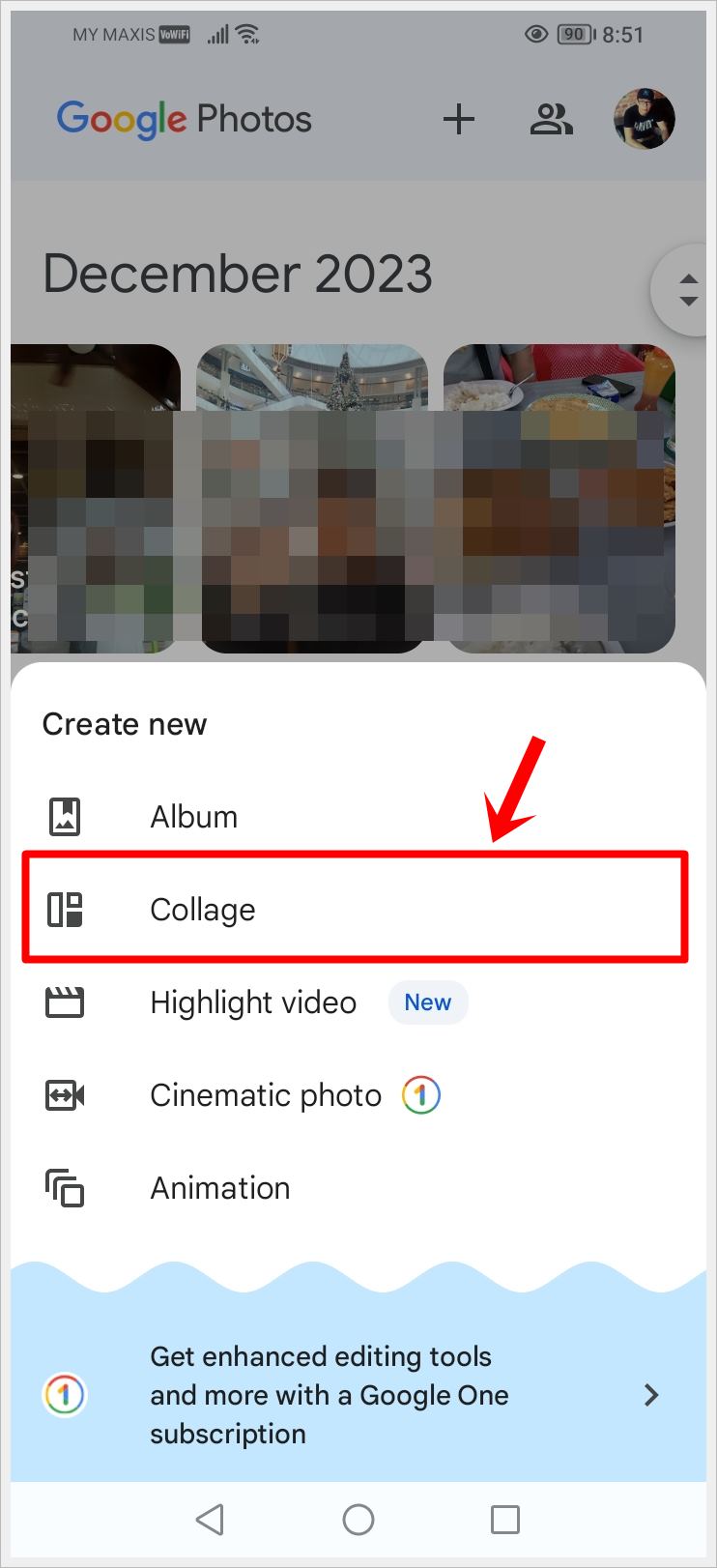 This image shows a screenshot of 'Google Photos' on an Android phone. The 'Create New' menu has popped up, and the 'Collage' option is highlighted.