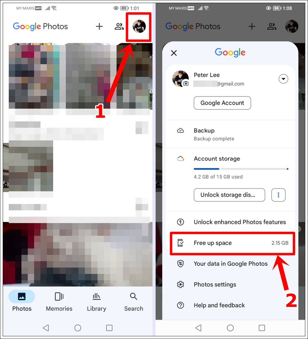 This image consists of 2 screenshots of Google Photos on an Android phone. The first shows the Google Photos home screen with the user's profile picture in the top-right highlighted. The second shows the user's Google account info with the 'Free Up Space' option highlighted.