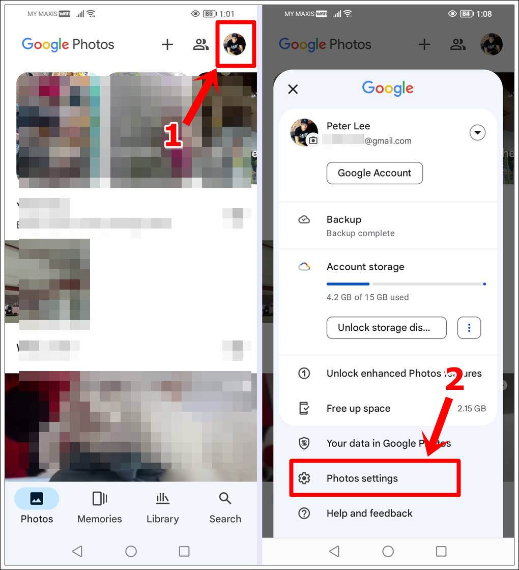 This image consists of 2 screenshots of Google Photos on an Android phone. The first shows the Google Photos home screen with the user's profile picture in the top-right highlighted. The second shows the user's Google account info with the 'Photos Settings' option highlighted.