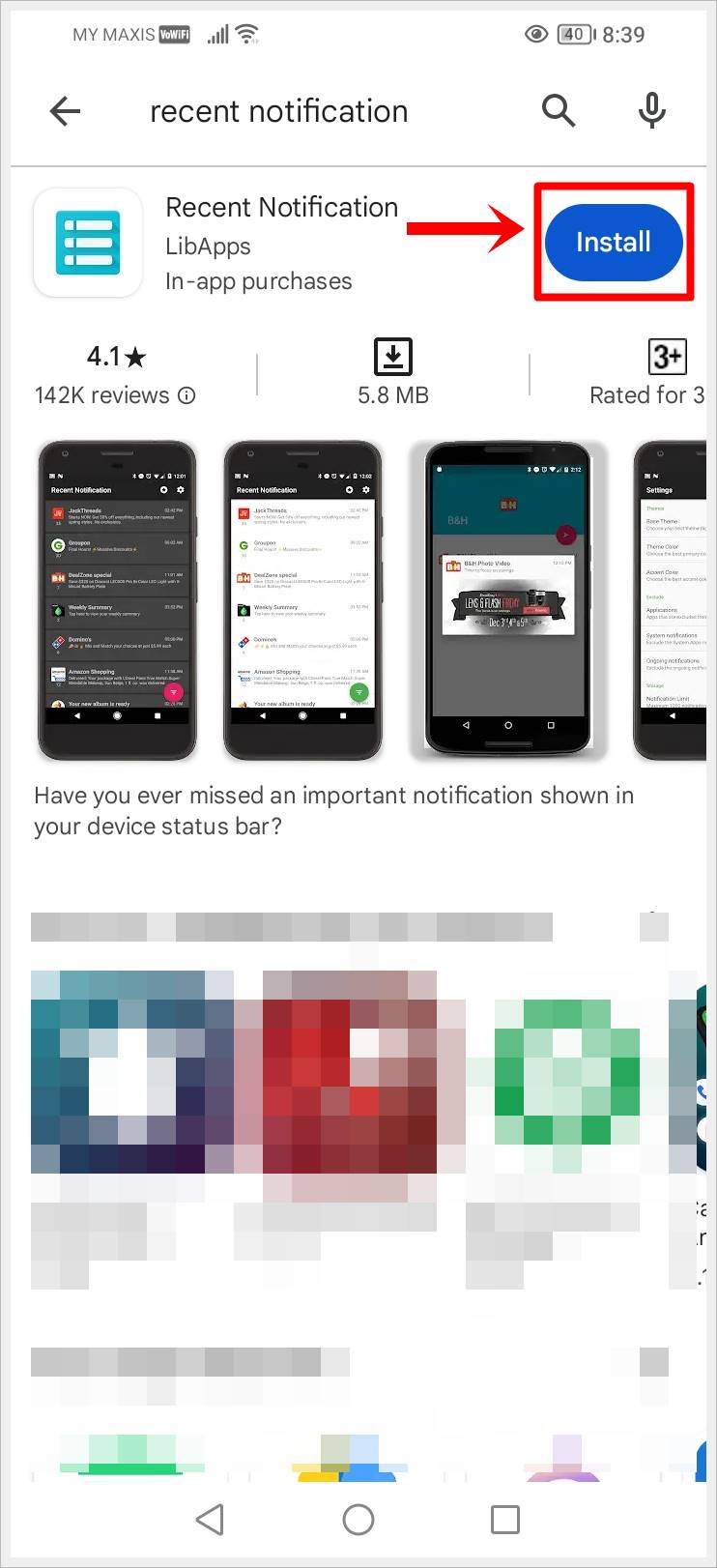This image shows a screenshot of Google Play on an Android phone. The 'Install' button of the 'Recent Notification' app is highlighted.