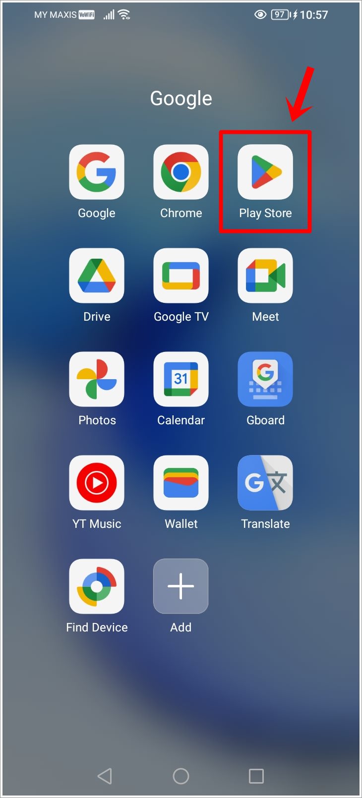 This is a screenshot of an Android phone with the Play Store icon highlighted.