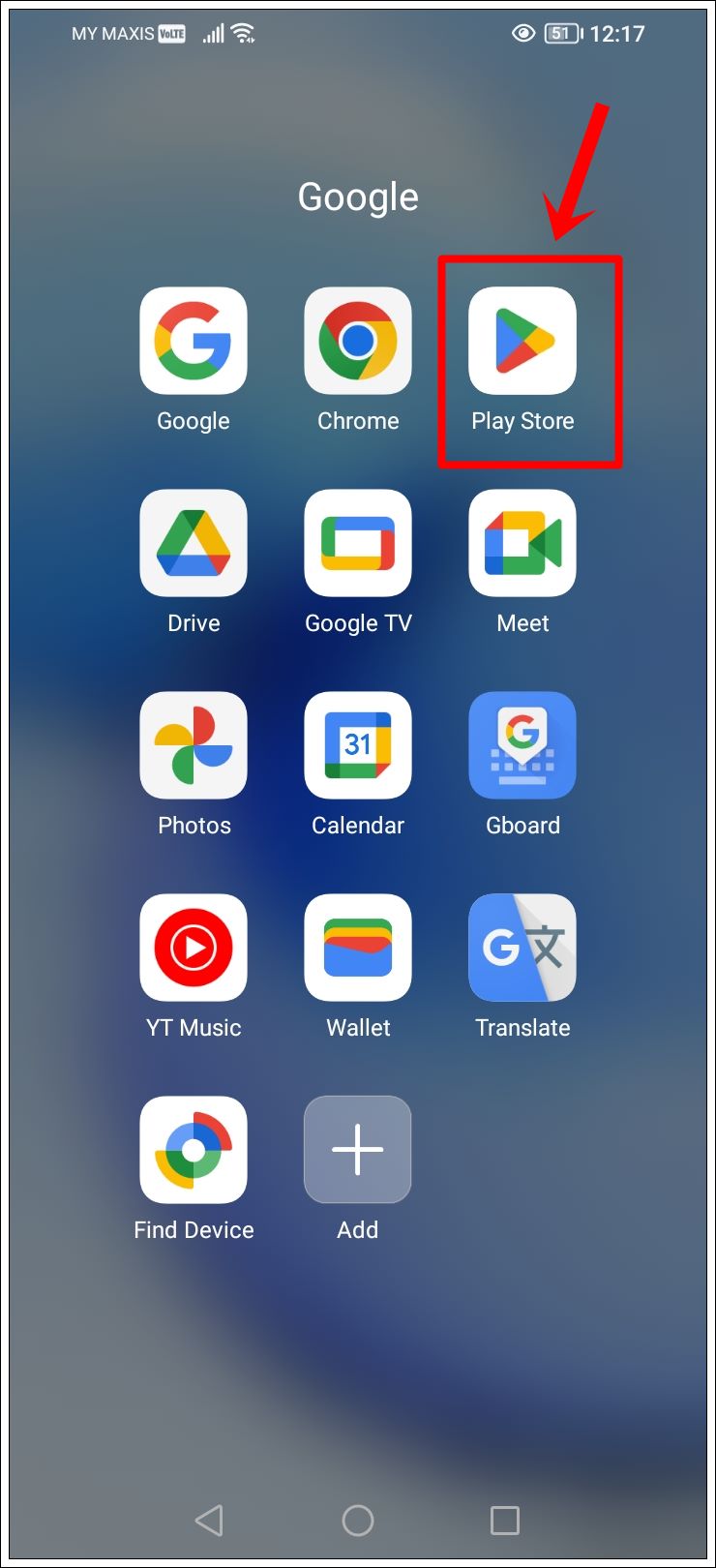This image shows a screenshot of an Android phone with the 'Google Play Store' icon highlighted.