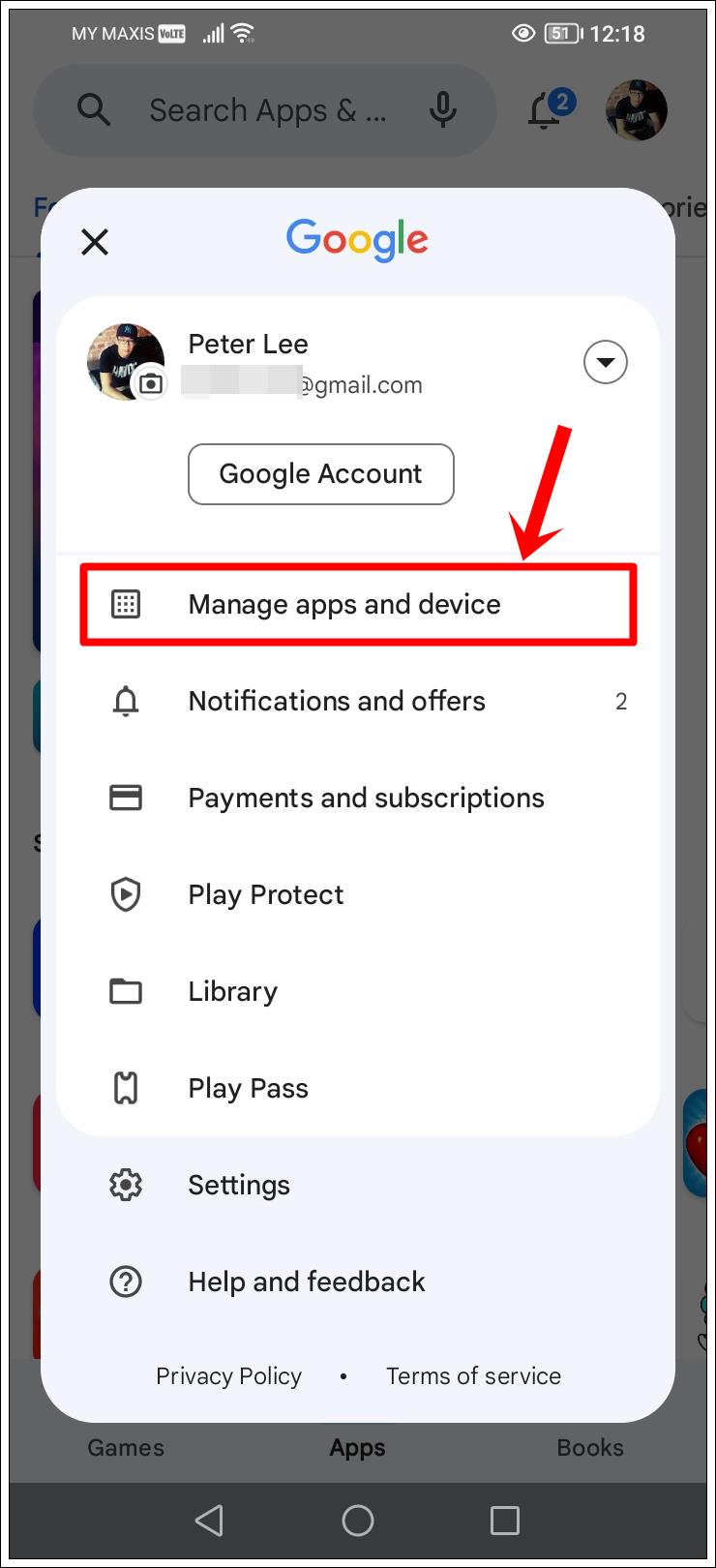 This image shows a screenshot of the user's Google Account Settings on an Android phone. The 'Manage Apps and Device' option is highlighted.