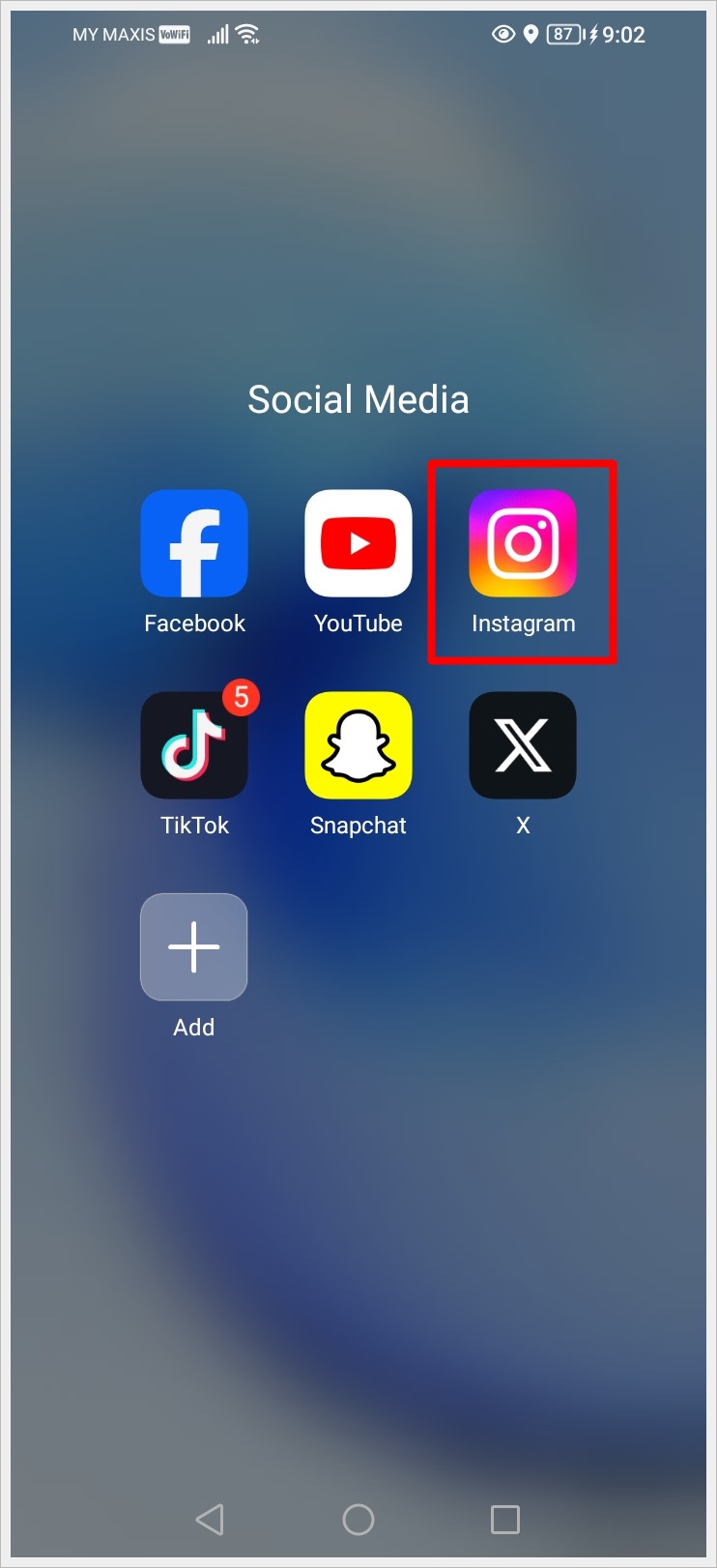 This image shows a screenshot of an Android phone with the Instagram app icon highlighted.