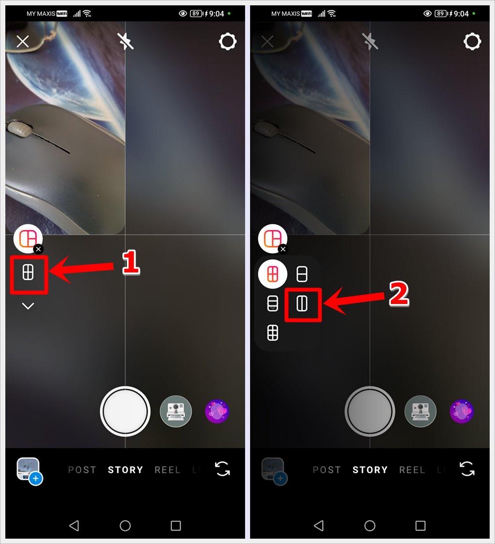 This image displays two different screenshots of Instagram's viewfinder page on an Android phone. In the first one, the default 4 photos layout icon is highlighted. In the second one, the 2 side-by-side photos layout option is highlighted.