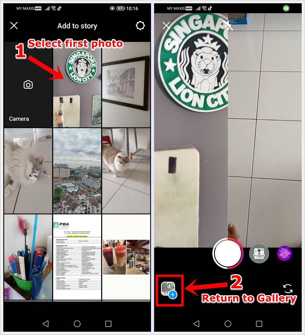 This image demonstrates how to select the first photo from the Gallery and place it on the left side of the side-by-side layout in Instagram Layout. It also highlights the 'Gallery' icon in the bottom-left, indicating the step to return to the Gallery and select the second photo to be placed on the right side of the side-by-side layout.