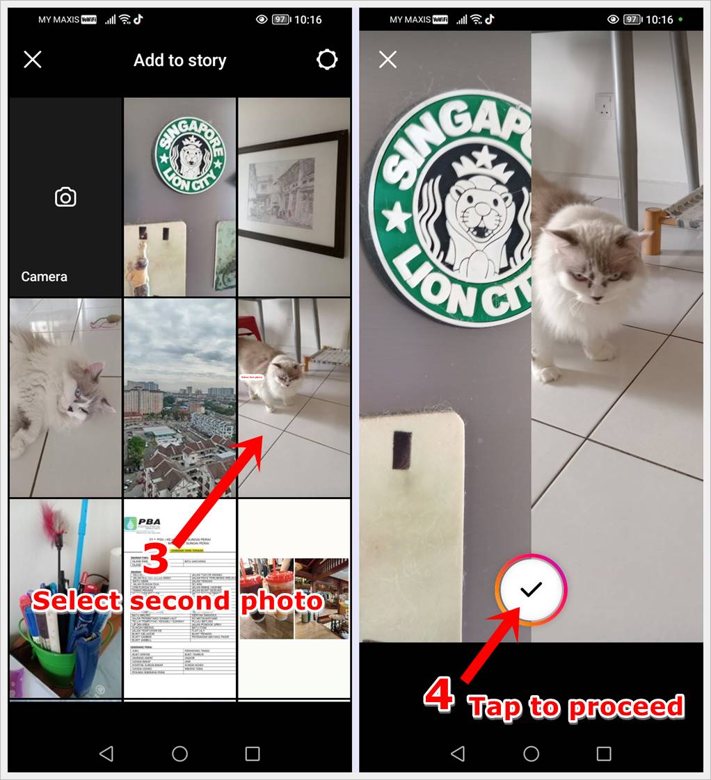 This image demonstrates how to select the second photo from the Gallery and place it on the right side of the side-by-side layout in Instagram Layout. It also highlights the 'Check' button at the bottom-center of the merged photo, signaling to tap it to proceed to the next step.