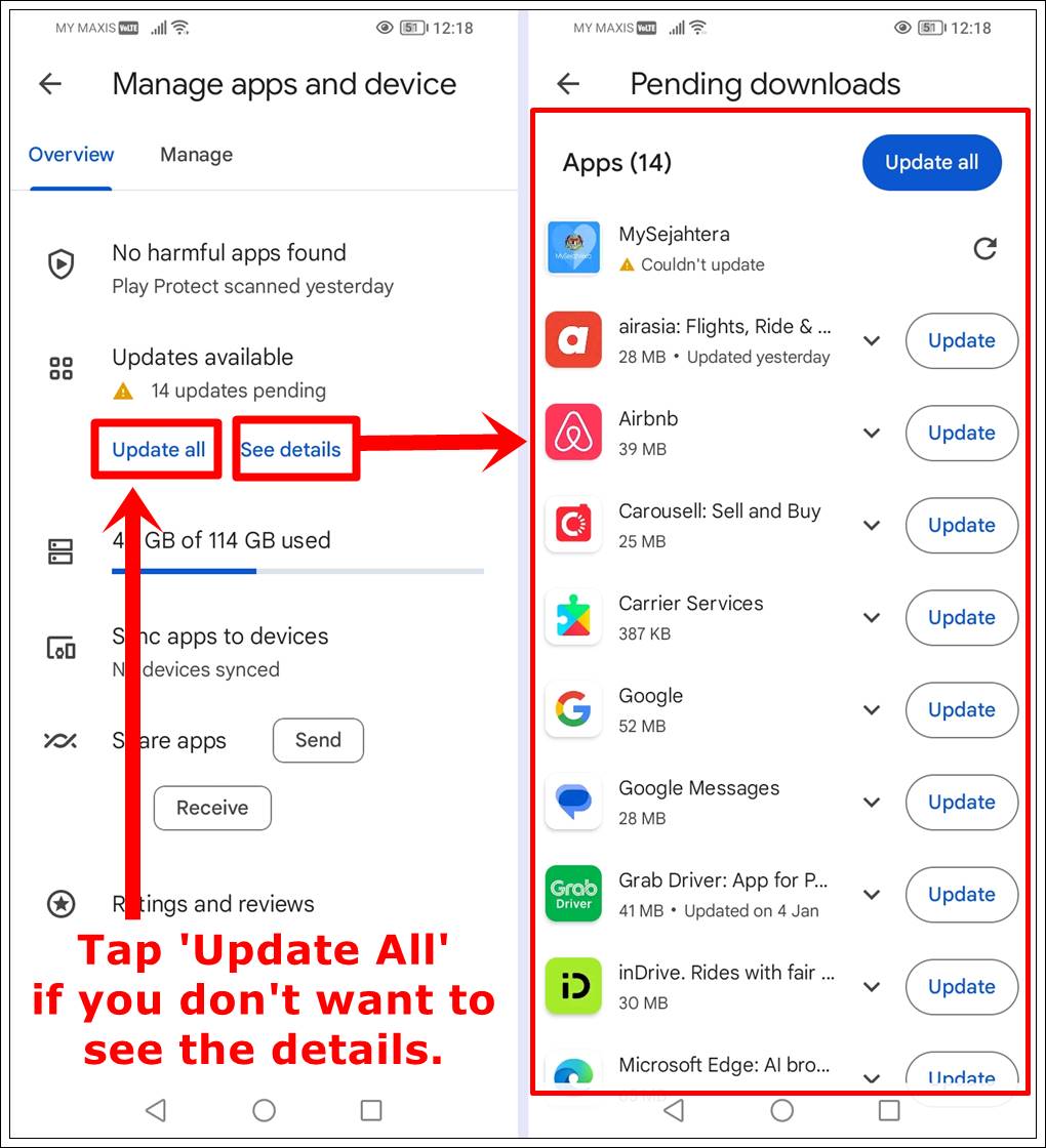 How to fix ghost touch on Android: This image shows 2 different screenshots of an Android phone. The first featuring the 'Manage Apps and Device' page with the 'Update All' and 'See Details' options highlighted. The second featuring the 'Pending Downloads' page with a list of apps available for updates.