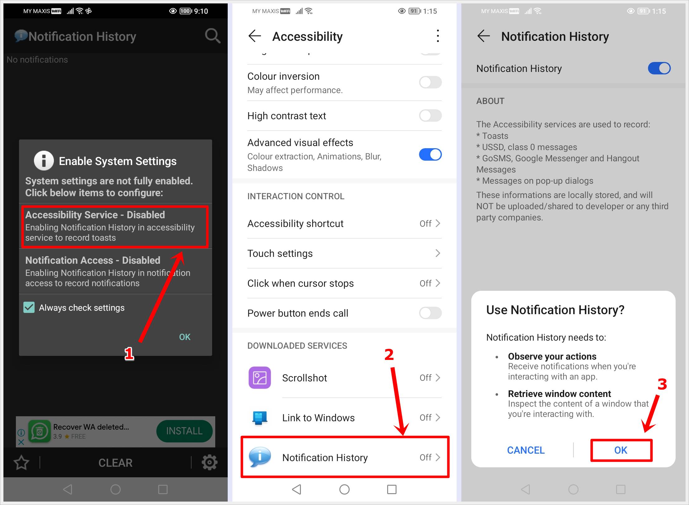 This image shows three screenshots of the step-by-step guide to enable 'Notification History' in 'Accessibility Service' on an Android phone.