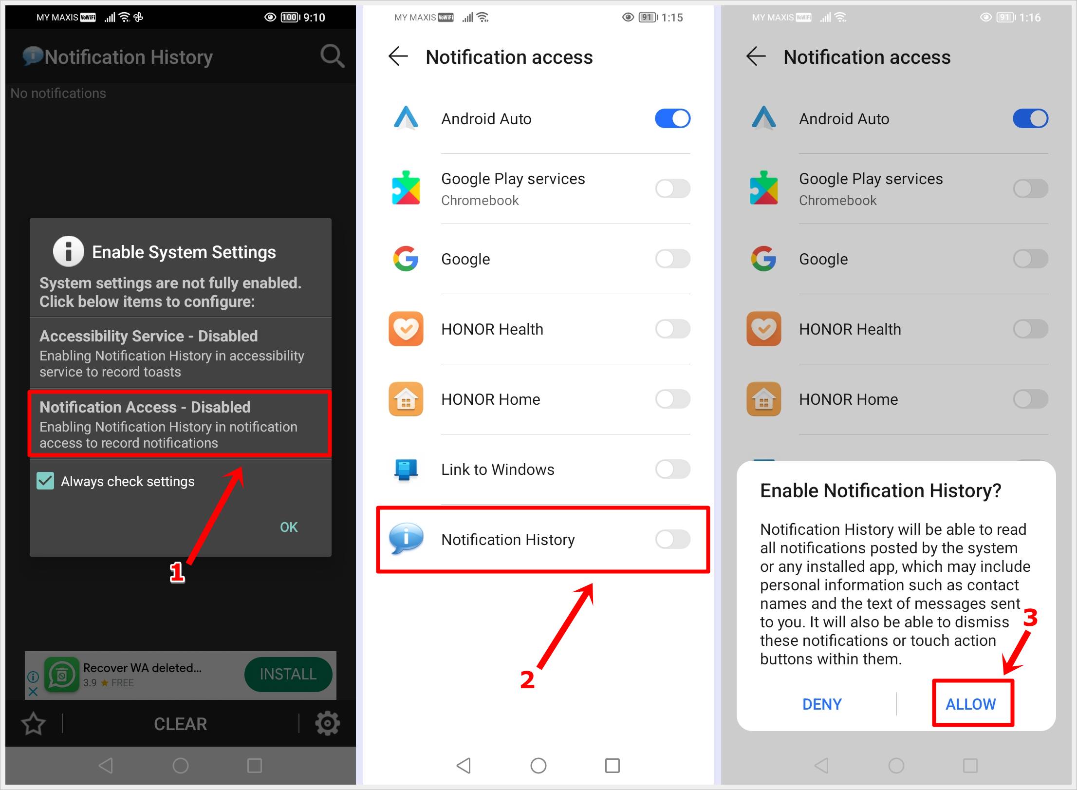 This image shows three screenshots of the step-by-step guide to enable 'Notification History' in 'Notification Access' on an Android phone.
