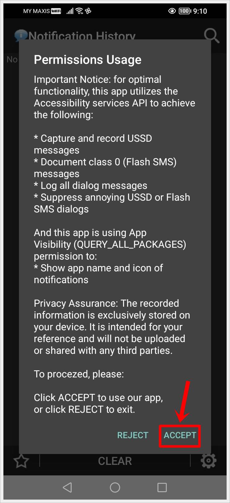 This image shows the 'Notification History' app has been installed and it's asking for certain permissions  for optimal functionality. The 'ACCEPT' button is highlighted.