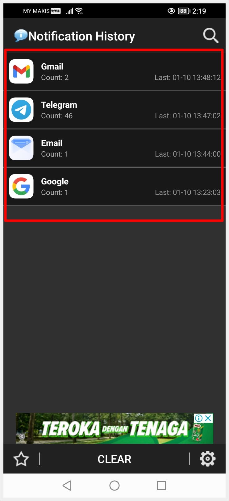 This image shows a screenshot of the 'Notification History' app on an Android phone, displaying a list of recent notifications received.