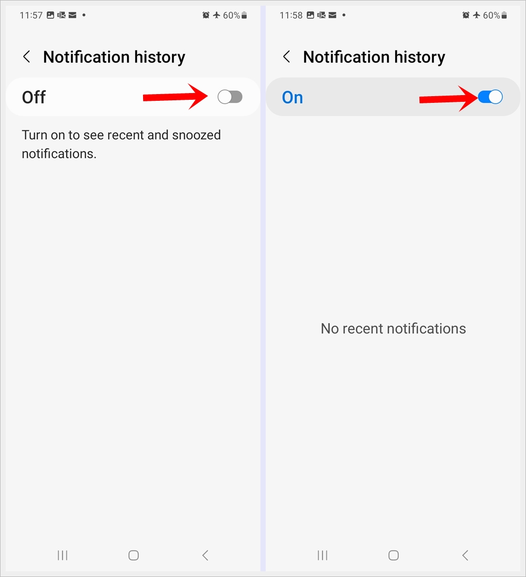 This image shows two screenshots: the first featuring 'Notification History' disabled, while the second shows it enabled.