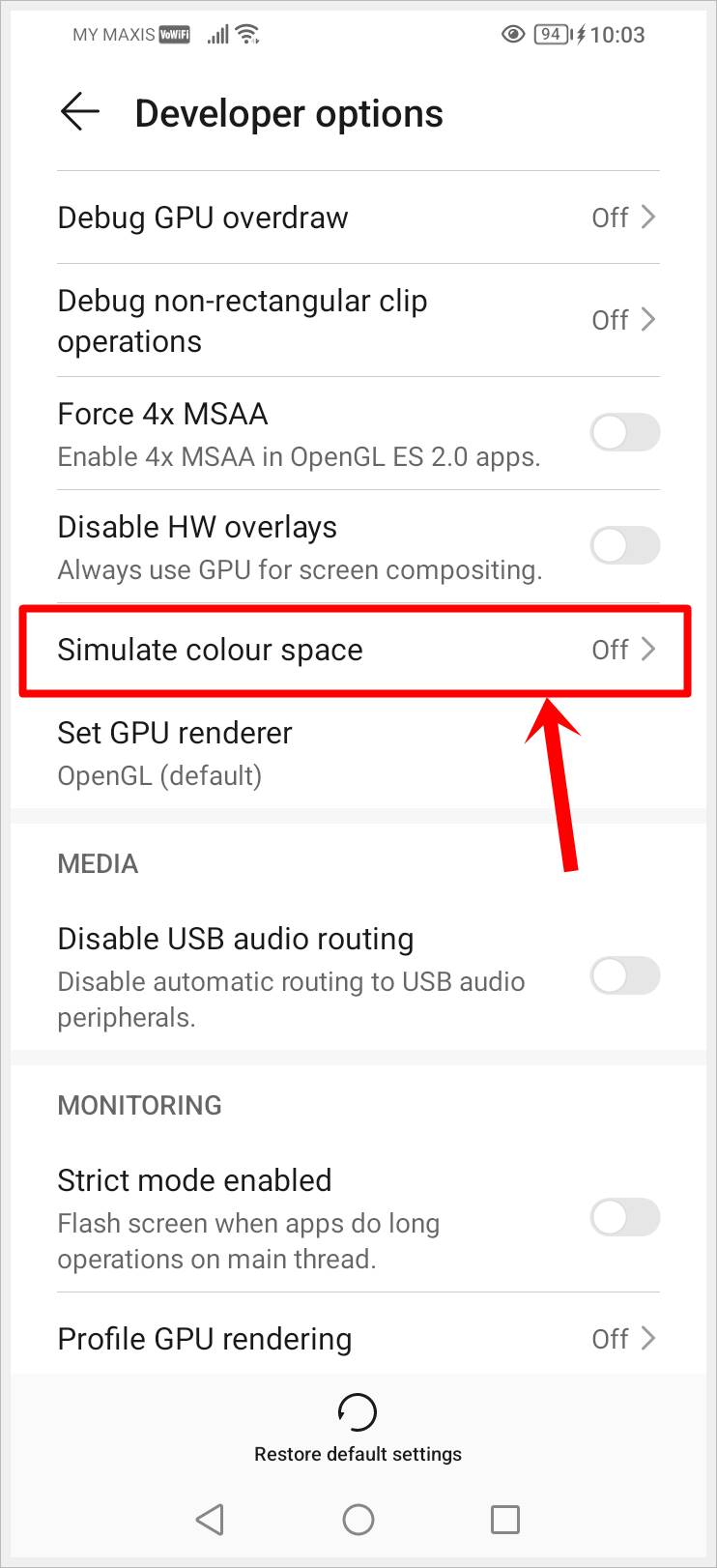 How to Make Your Phone Screen Display in Black and White: This image shows a screenshot of the 'Developer Options' page on an Android phone. The 'Simulate Color Space' option is highlighted.