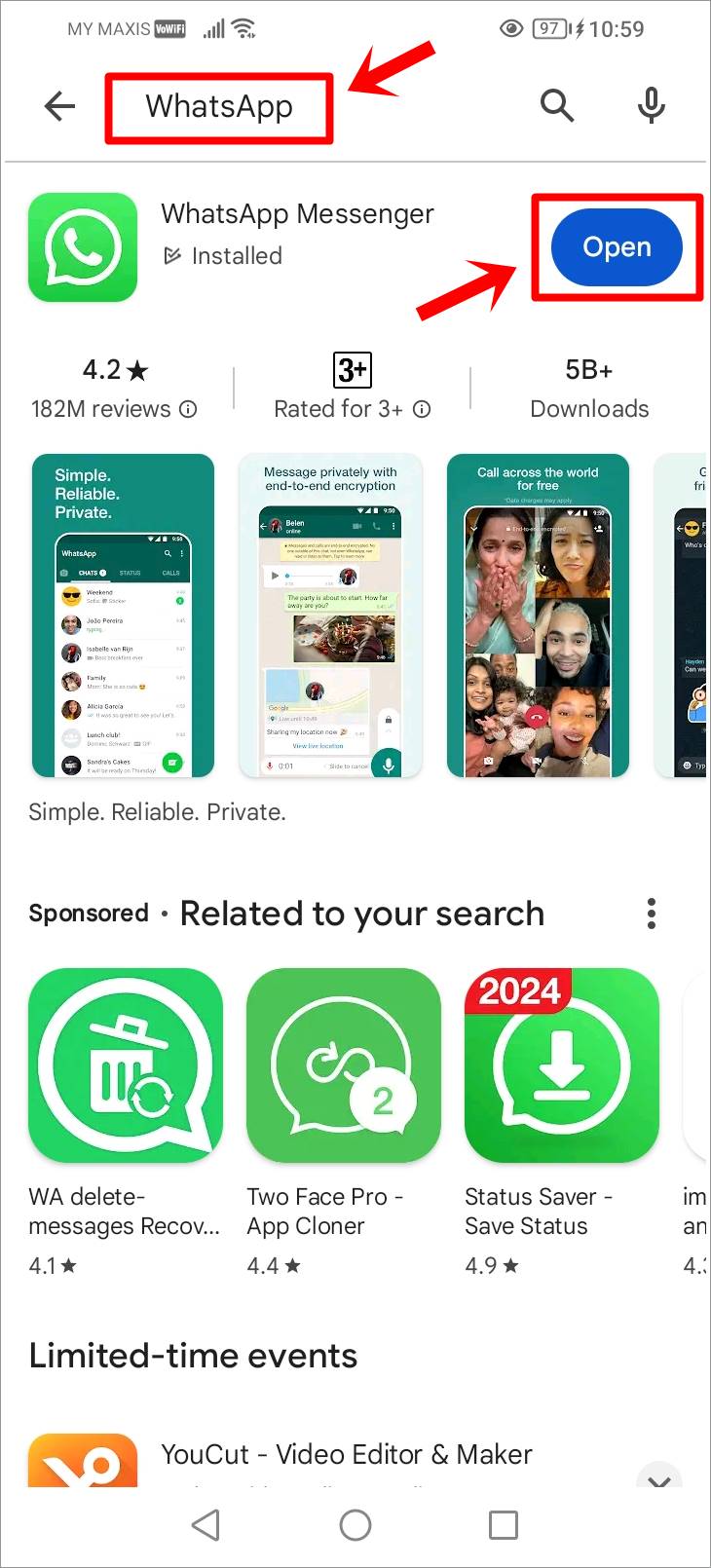 Fix WhatsApp Not Receiving Messages: This screenshot shows the 'Play Store' search result for 'WhatsApp' on an Android phone. The keyword 'WhatsApp' is highlighted in the search bar, and the 'Update' button next to the WhatsApp app is also highlighted.