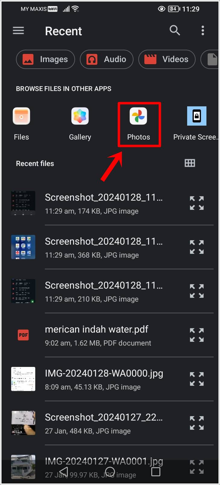 This is a screenshot of the 'Recent Uploaded Files' page of an Android phone. The 'Google Photos' icon is highlighted.