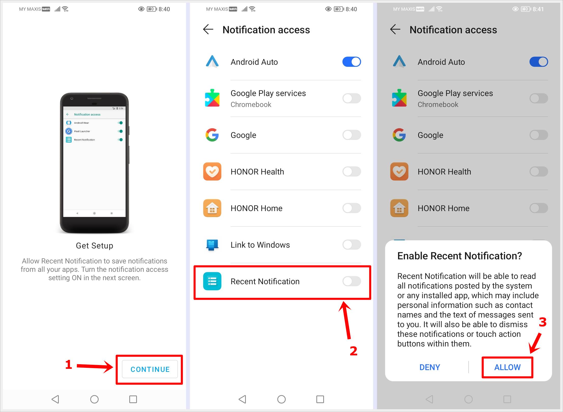 This image shows three different screenshots, illustrating a step-by-step guide on how to enable 'Recent Notification' on an Android phone.