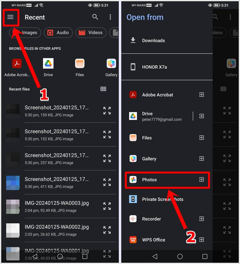 This image shows 2 screenshots of an Android phone. The first features the 'Recent Uploaded Files' page with the '3-Horizontal-Lines' icon in the top-left highlighted. The second features the 'Open From' page with the 'Google Photos' option in the side menu highlighted.