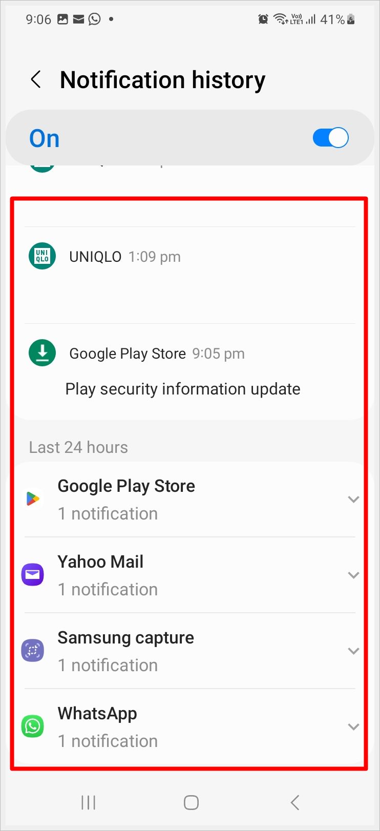 This image features a screenshot displaying all the notifications received from within the built-in notification history of an Android phone.