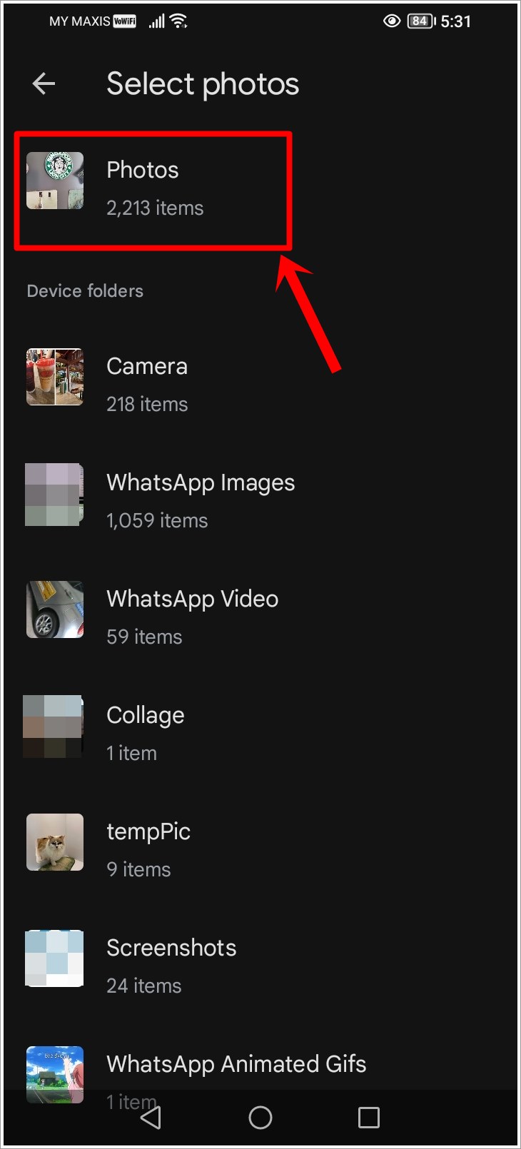 This is a screenshot of 'Select Photos' page on an Android phone with the 'Photos' section and the number of photos saved in Google Photos highlighted.
