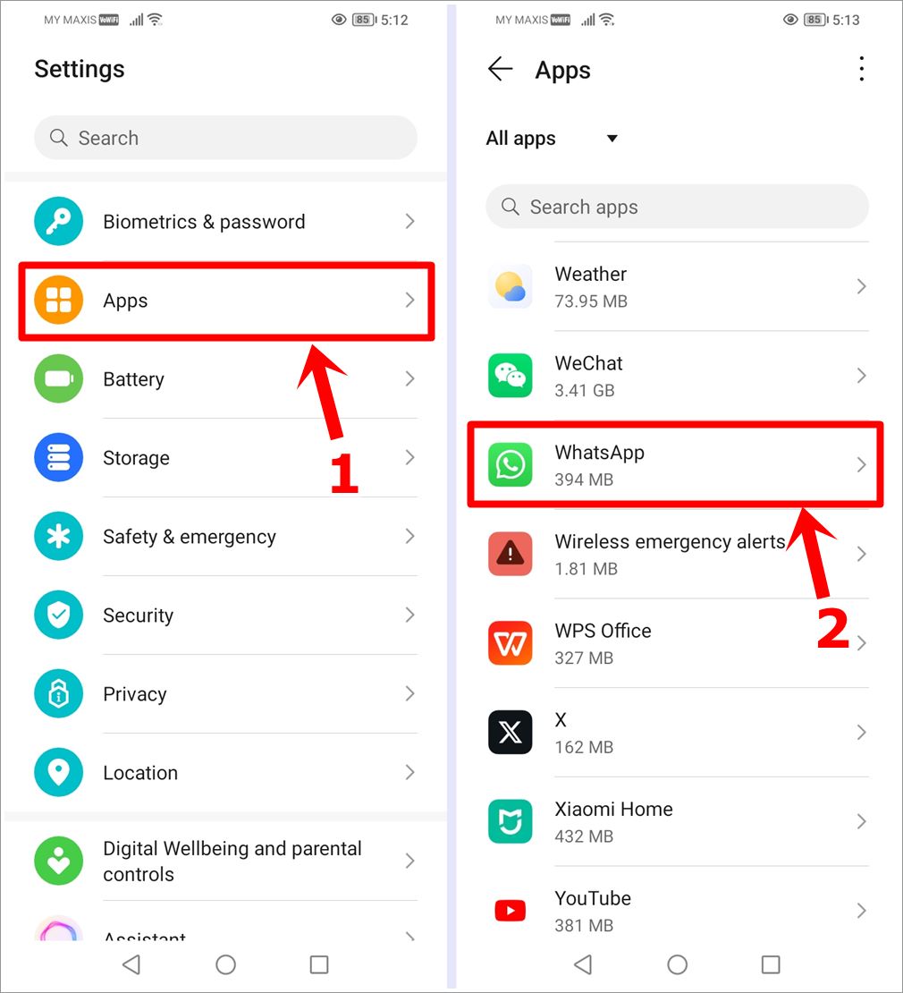 This image shows 2 different screenshots of an Android phone. The first features the Android Settings page with the 'Apps' option highlighted. The second features the Apps page with the 'WhatsApp' option highlighted.